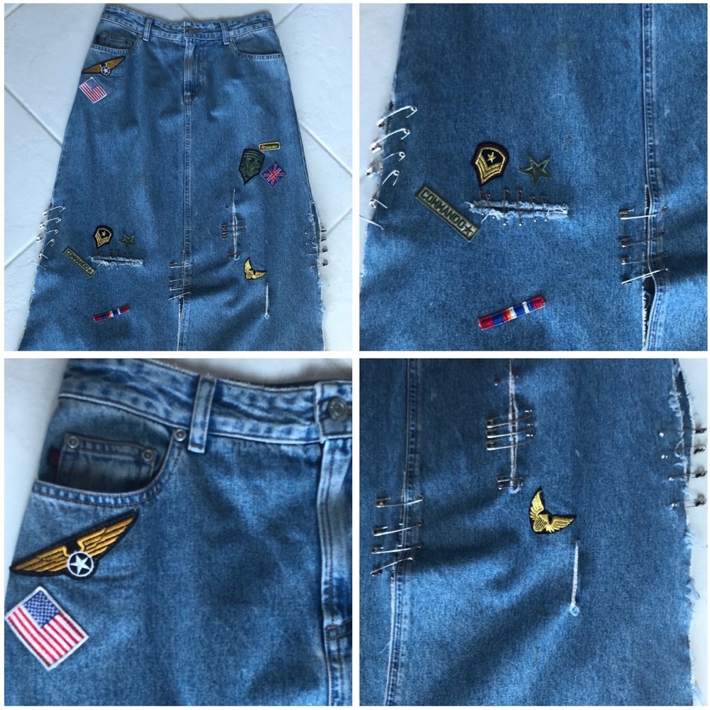 VINTAGE Z CAVARICCI ARMY THEME DENIM MAXI SKIRT